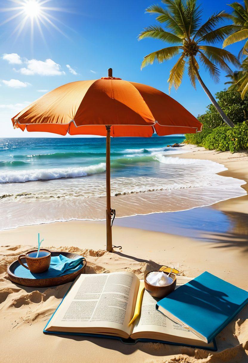 A stunning beach scene showcasing vibrant surf waves crashing on golden sand, with a stylish sun umbrella and a cozy beach chair under the warm sun. Include elements of relaxation, like a refreshing coconut drink and a book lying on the sand, surrounded by serene oceanic landscape. Capture the essence of joyful beach days and tranquility. super-realistic. vibrant colors. bright blue sky.