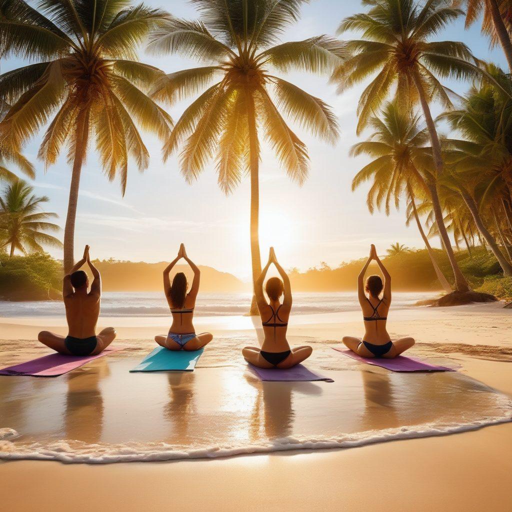 A vibrant beach scene featuring diverse individuals enjoying a sunny day, wearing stylish swimwear while practicing yoga poses on the sand. Include refreshing juices and wellness products like coconut water and healthy snacks in the foreground. The ocean waves gently crash in the background, with palm trees swaying, creating an inviting atmosphere. Emphasize bright colors and a feeling of relaxation and joy. super-realistic. vibrant colors. beach setting.